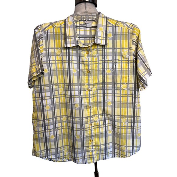 Adrian Delafield blouse L/XL Yellow gray plaid flowers short sleeve pocket colla - Picture 4 of 15